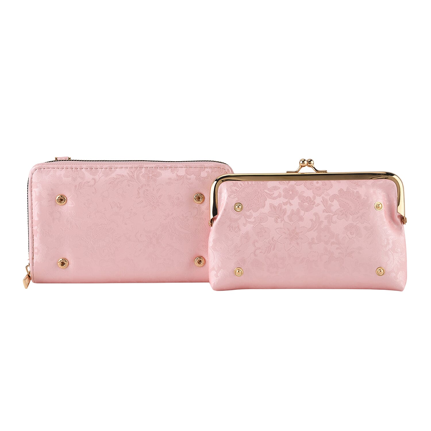 La Marey Set of 2 - RFID Clutch with Shoulder Strap & Gold Flower Cuff Set - Baby Pink