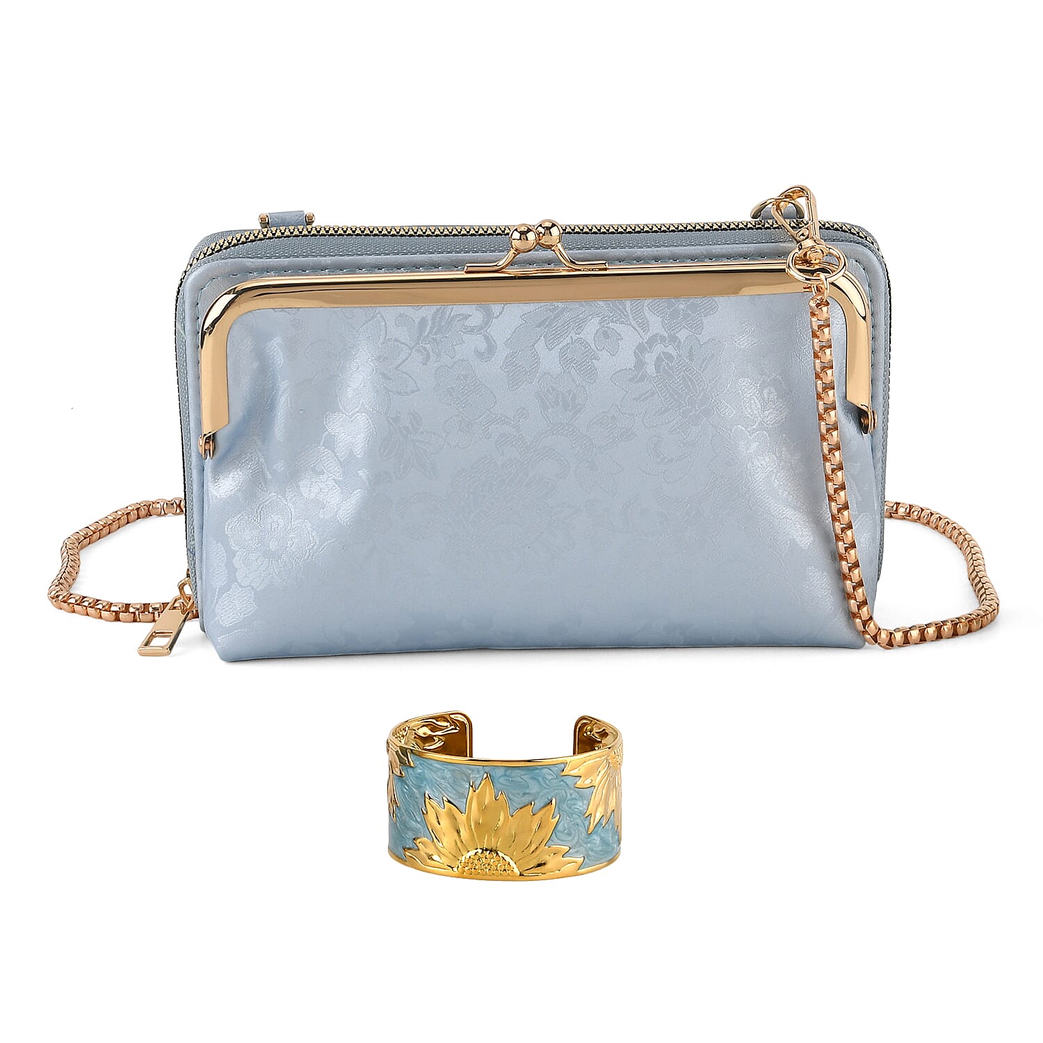 La Marey Set of 2 - RFID Clutch with Shoulder Strap & Gold Flower Cuff Bracelet - Light Blue