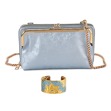 La Marey Set of 2 - RFID Clutch with Shoulder Strap - Gold Flower Cuff Bracelet - Light Blue