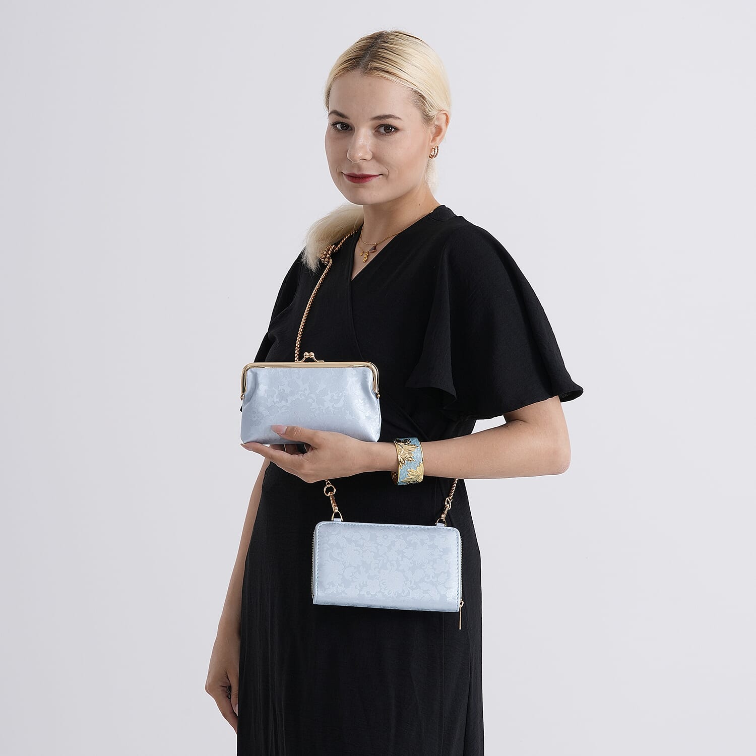 La Marey Set of 2 - RFID Clutch with Shoulder Strap & Gold Flower Cuff Bracelet - Light Blue