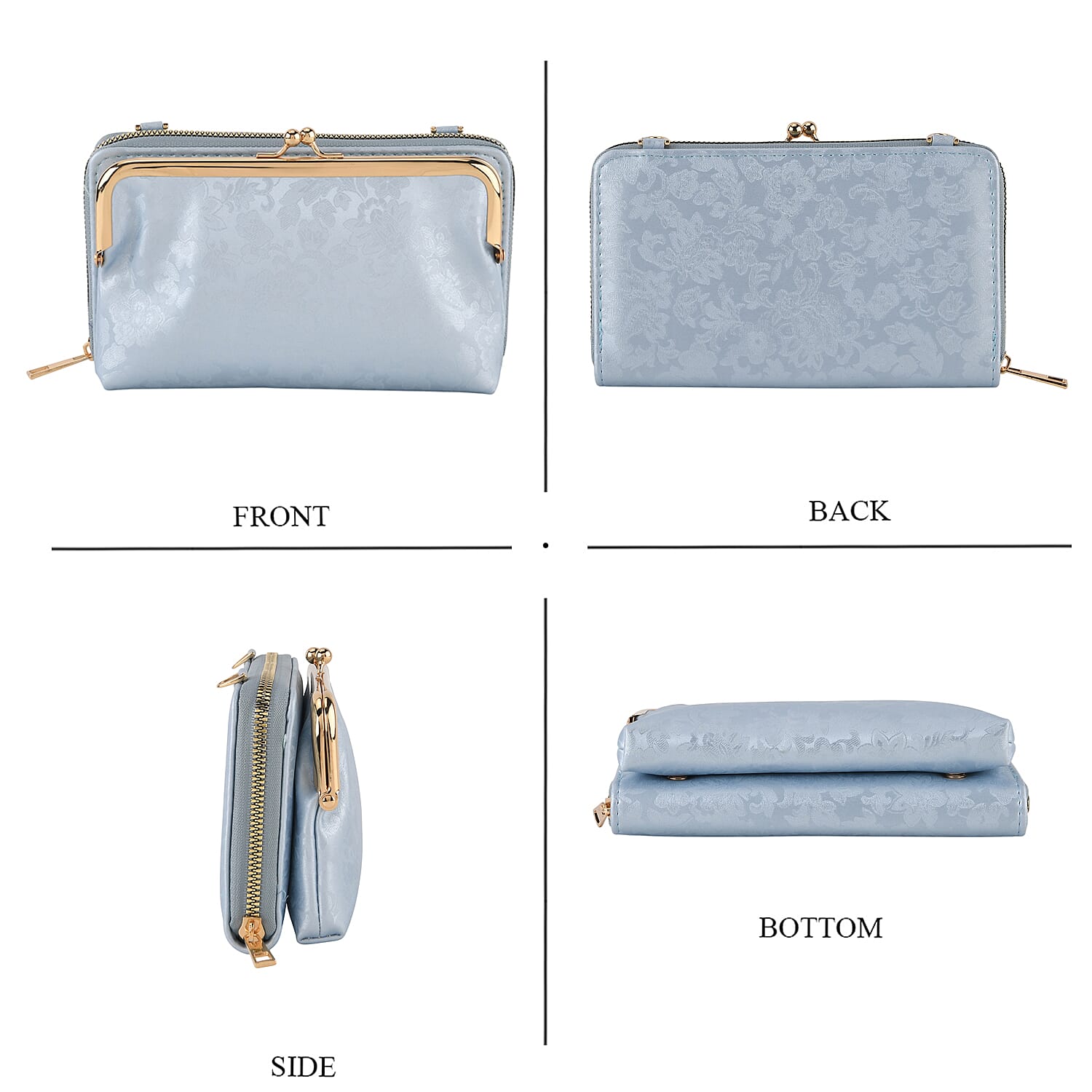 La Marey Set of 2 - RFID Clutch with Shoulder Strap & Gold Flower Cuff Bracelet - Light Blue