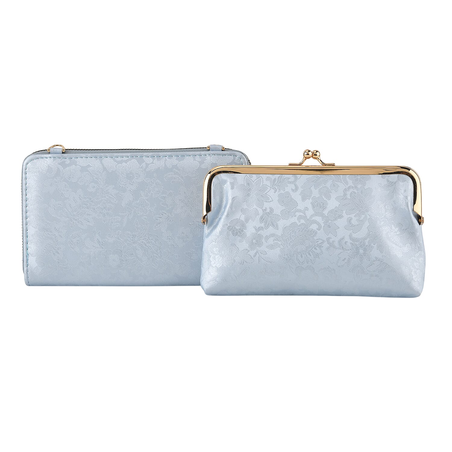 La Marey Set of 2 - RFID Clutch with Shoulder Strap & Gold Flower Cuff Bracelet - Light Blue