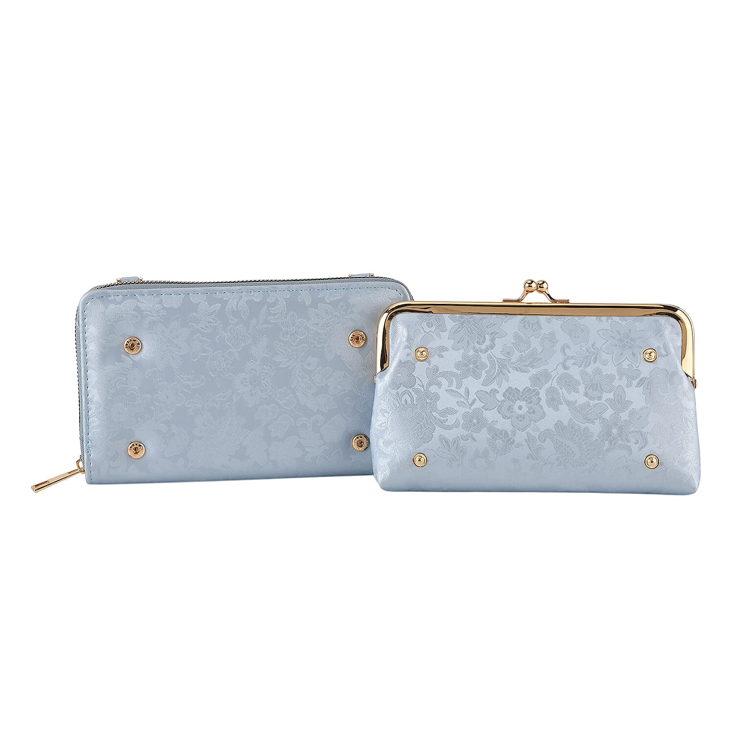 La Marey Set of 2 - RFID Clutch with Shoulder Strap & Gold Flower Cuff Bracelet - Light Blue