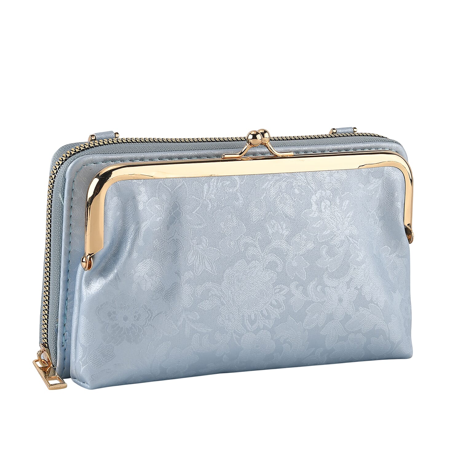 La Marey Set of 2 - RFID Clutch with Shoulder Strap & Gold Flower Cuff Bracelet - Light Blue