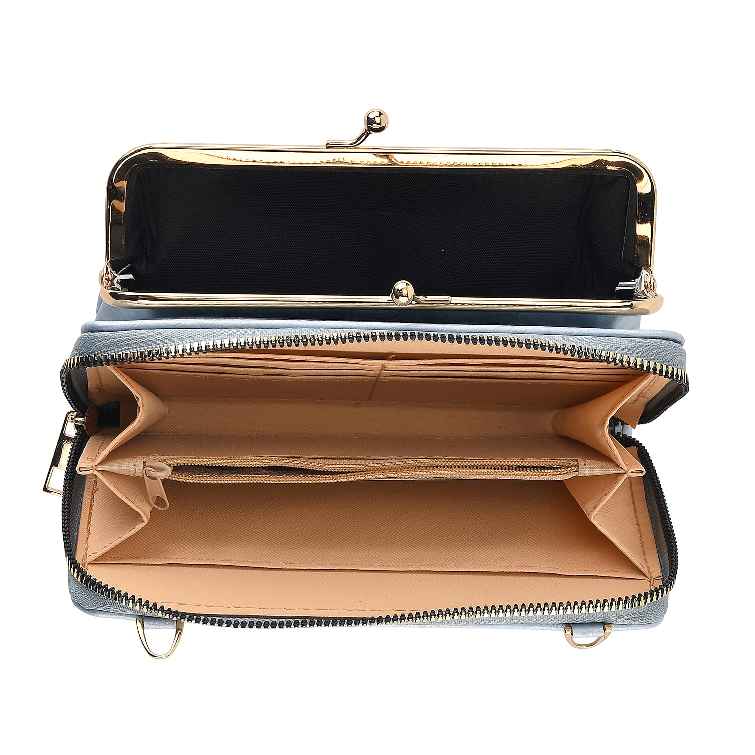 La Marey Set of 2 - RFID Clutch with Shoulder Strap & Gold Flower Cuff Bracelet - Light Blue