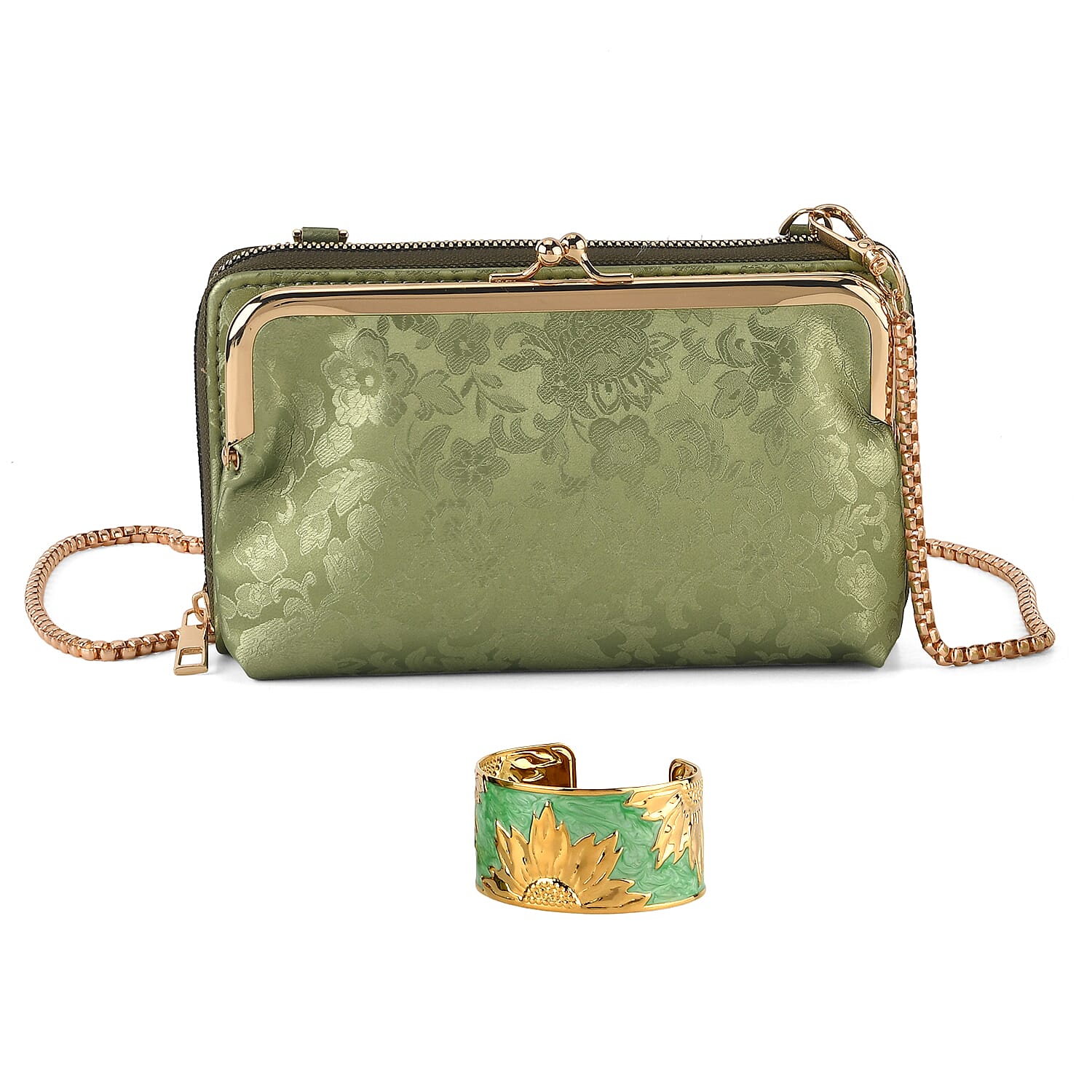 La Marey Set of 2 - RFID Clutch with Shoulder Strap & Gold Flower Cuff Bracelet - Pista Green
