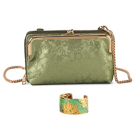 La Marey Set of 2 - RFID Clutch with Shoulder Strap & Gold Flower Cuff Bracelet - Pista Green