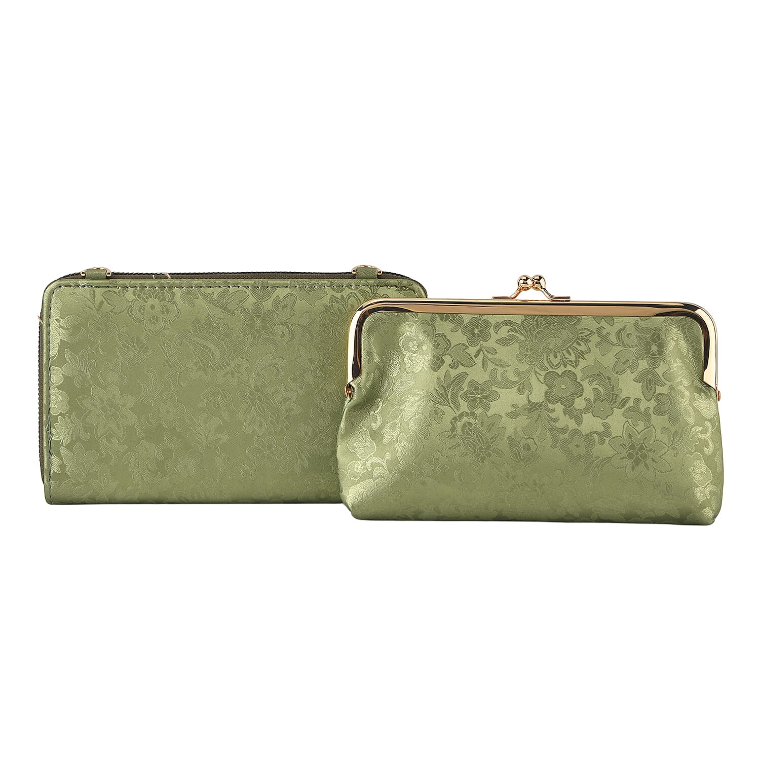 La Marey Set of 2 - RFID Clutch with Shoulder Strap & Gold Flower Cuff Bracelet - Pista Green