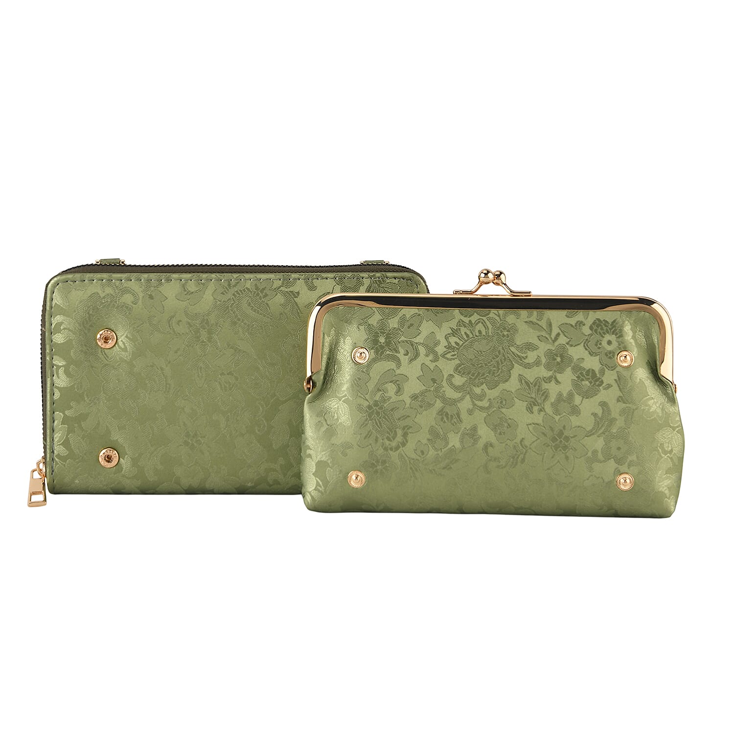 La Marey Set of 2 - RFID Clutch with Shoulder Strap & Gold Flower Cuff Bracelet - Pista Green