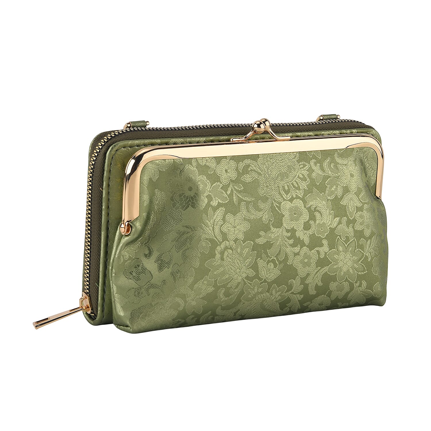 La Marey Set of 2 - RFID Clutch with Shoulder Strap & Gold Flower Cuff Bracelet - Pista Green