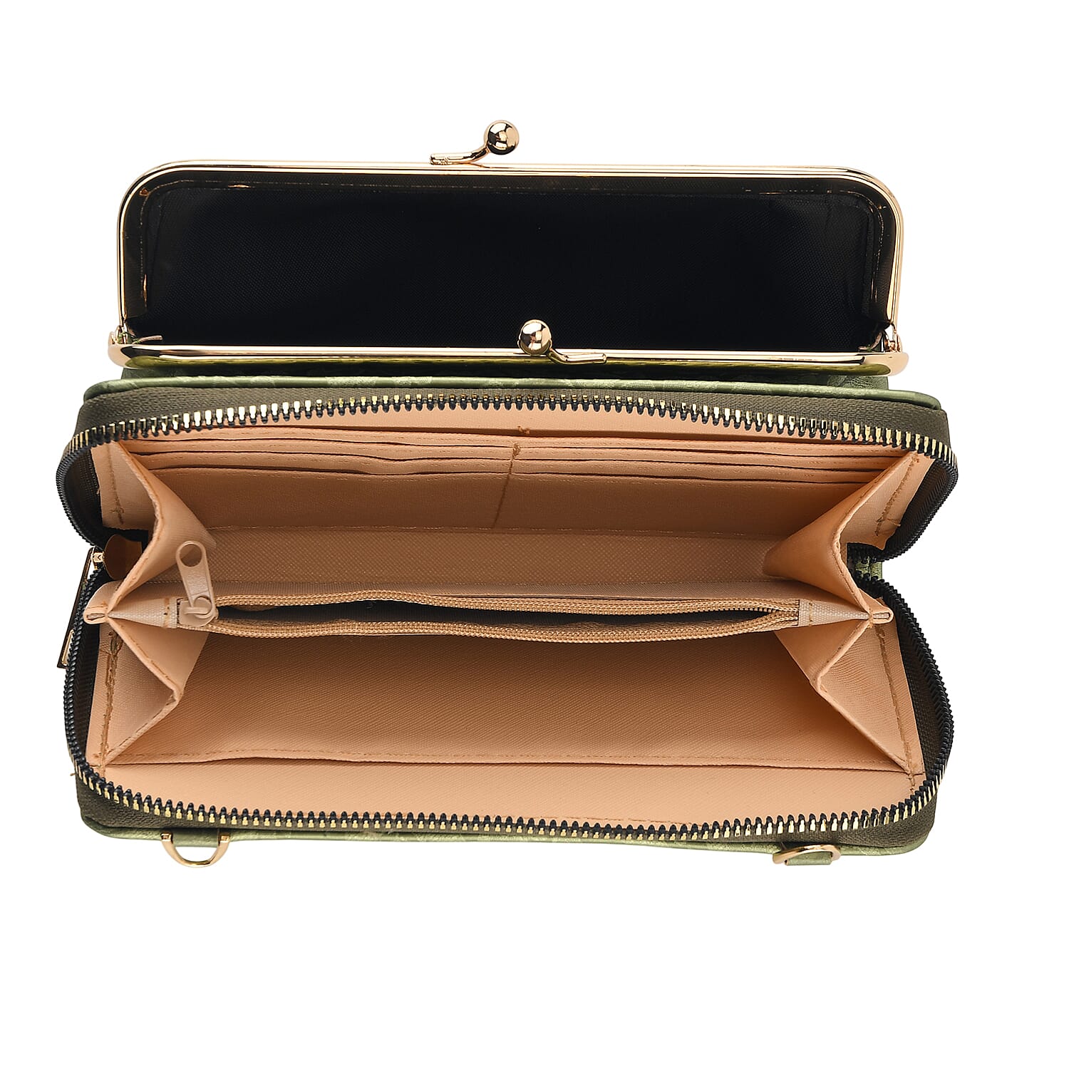 La Marey Set of 2 - RFID Clutch with Shoulder Strap & Gold Flower Cuff Bracelet - Pista Green