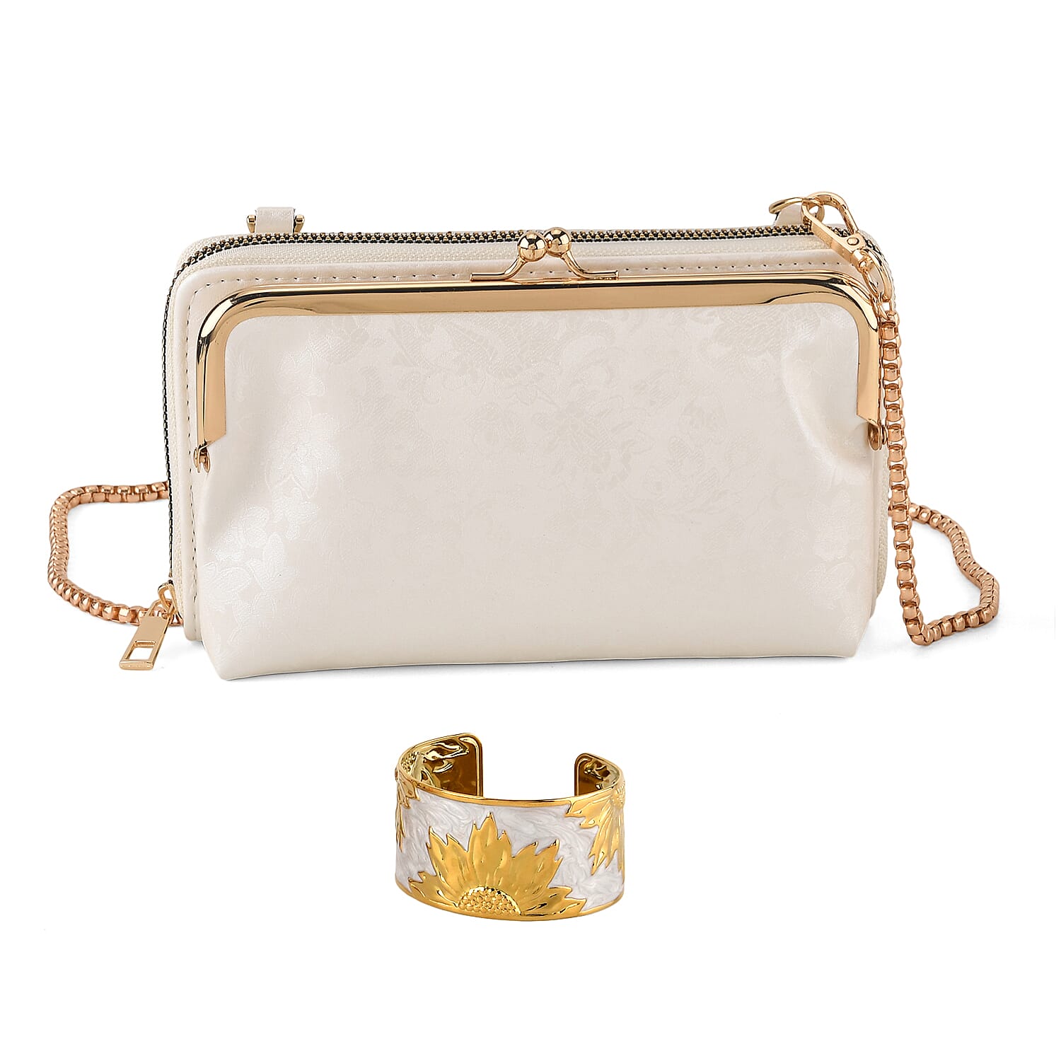 La Marey Set of 2 - RFID Clutch with Shoulder Strap & Gold Flower Cuff Bracelet - Off White