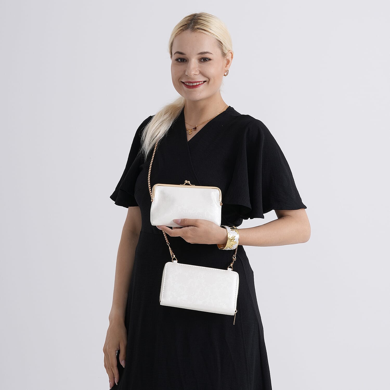 La Marey Set of 2 - RFID Clutch with Shoulder Strap & Gold Flower Cuff Bracelet - Off White