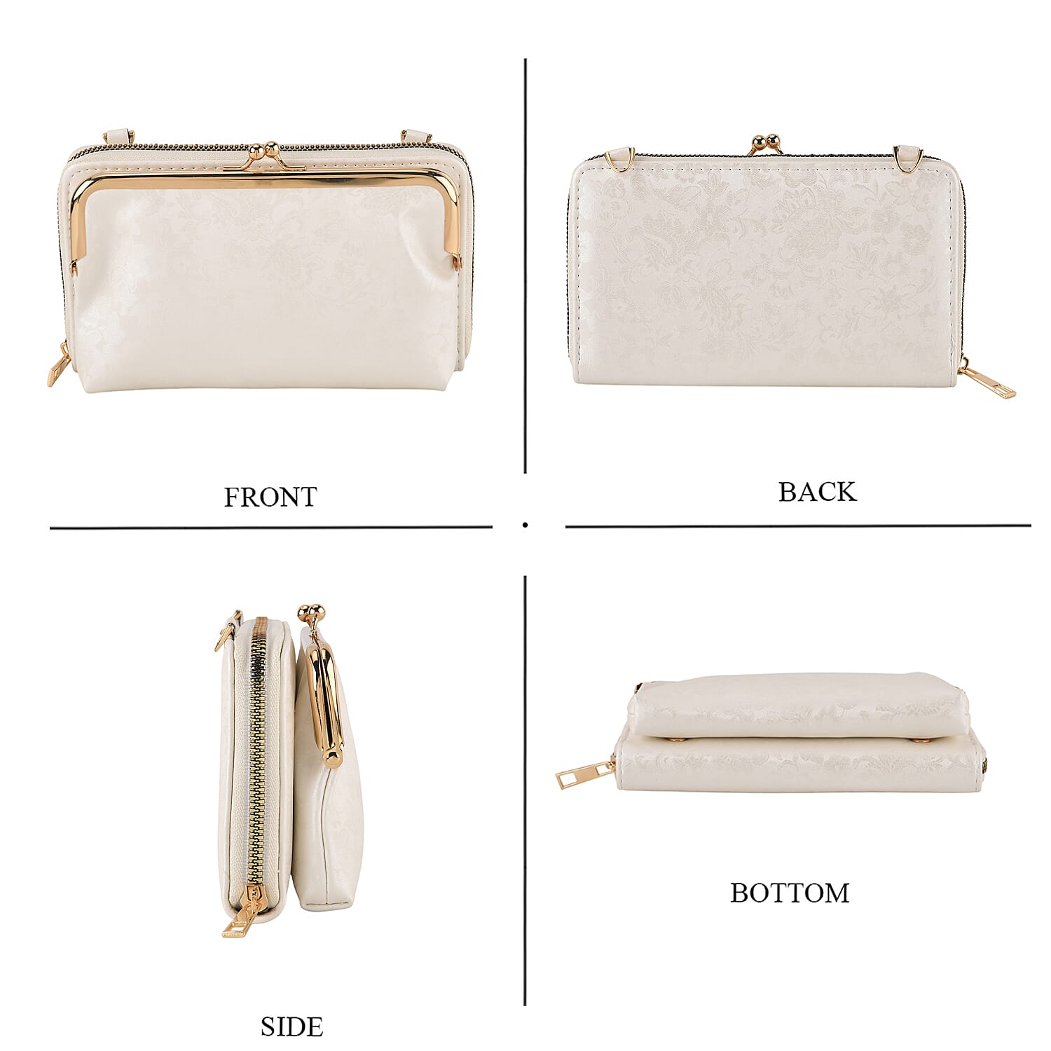 La Marey Set of 2 - RFID Clutch with Shoulder Strap & Gold Flower Cuff Bracelet - Off White