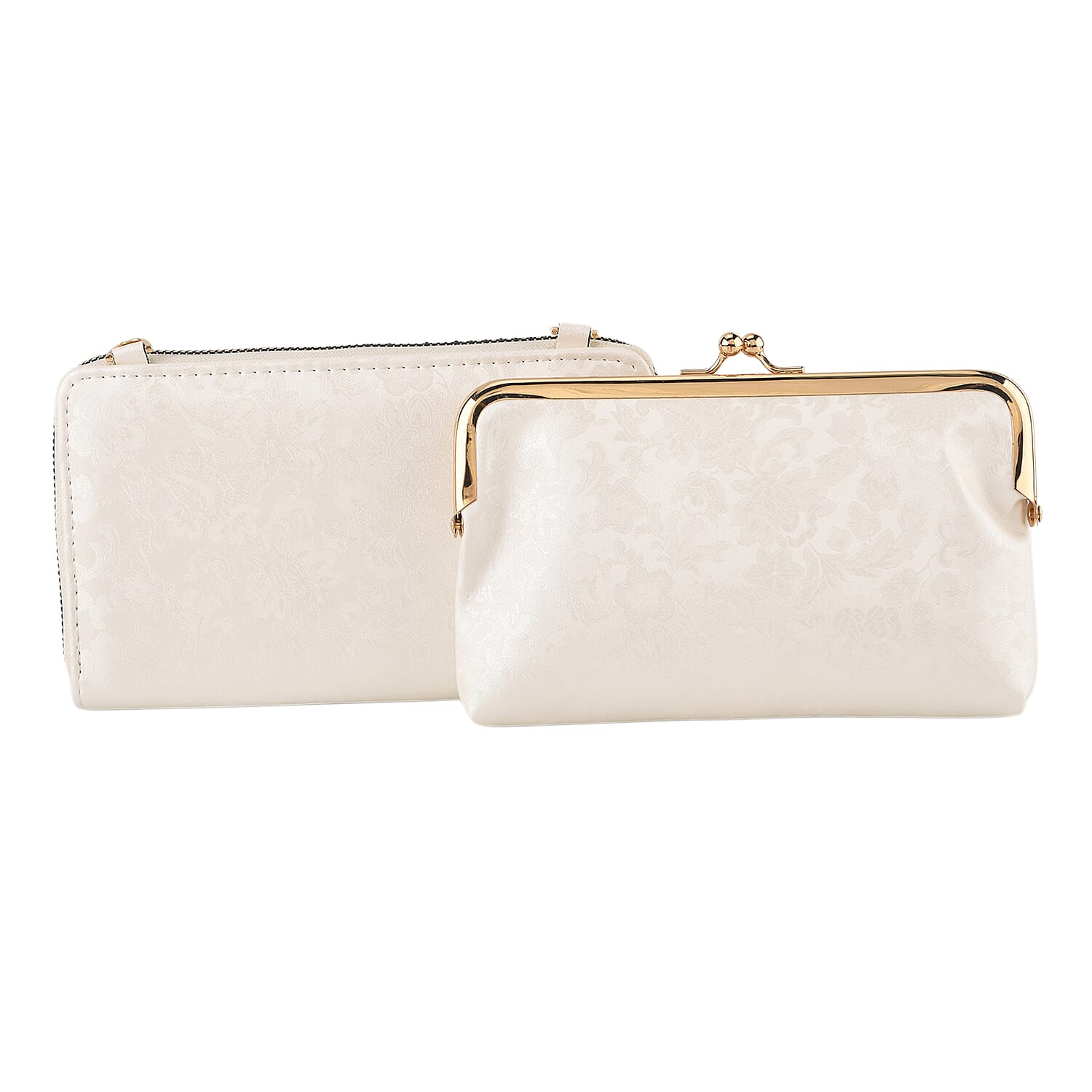 La Marey Set of 2 - RFID Clutch with Shoulder Strap & Gold Flower Cuff Bracelet - Off White