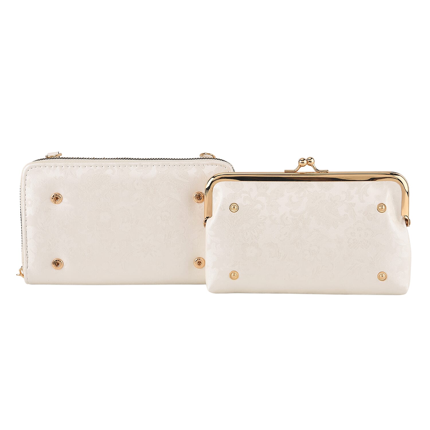 La Marey Set of 2 - RFID Clutch with Shoulder Strap & Gold Flower Cuff Bracelet - Off White