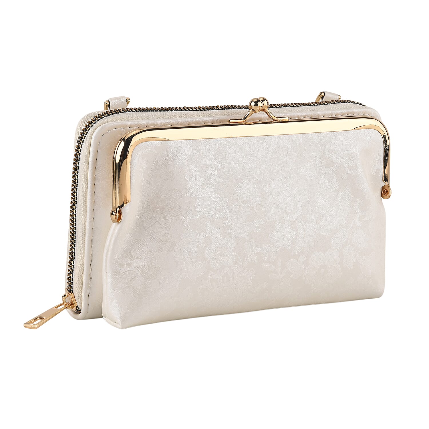 La Marey Set of 2 - RFID Clutch with Shoulder Strap & Gold Flower Cuff Bracelet - Off White