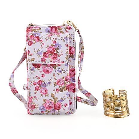 LA MAREY Set of 2- RFID Smartphone Floral Crossbody Bag & Floral Cuff Bracelet Gift Set - Pink