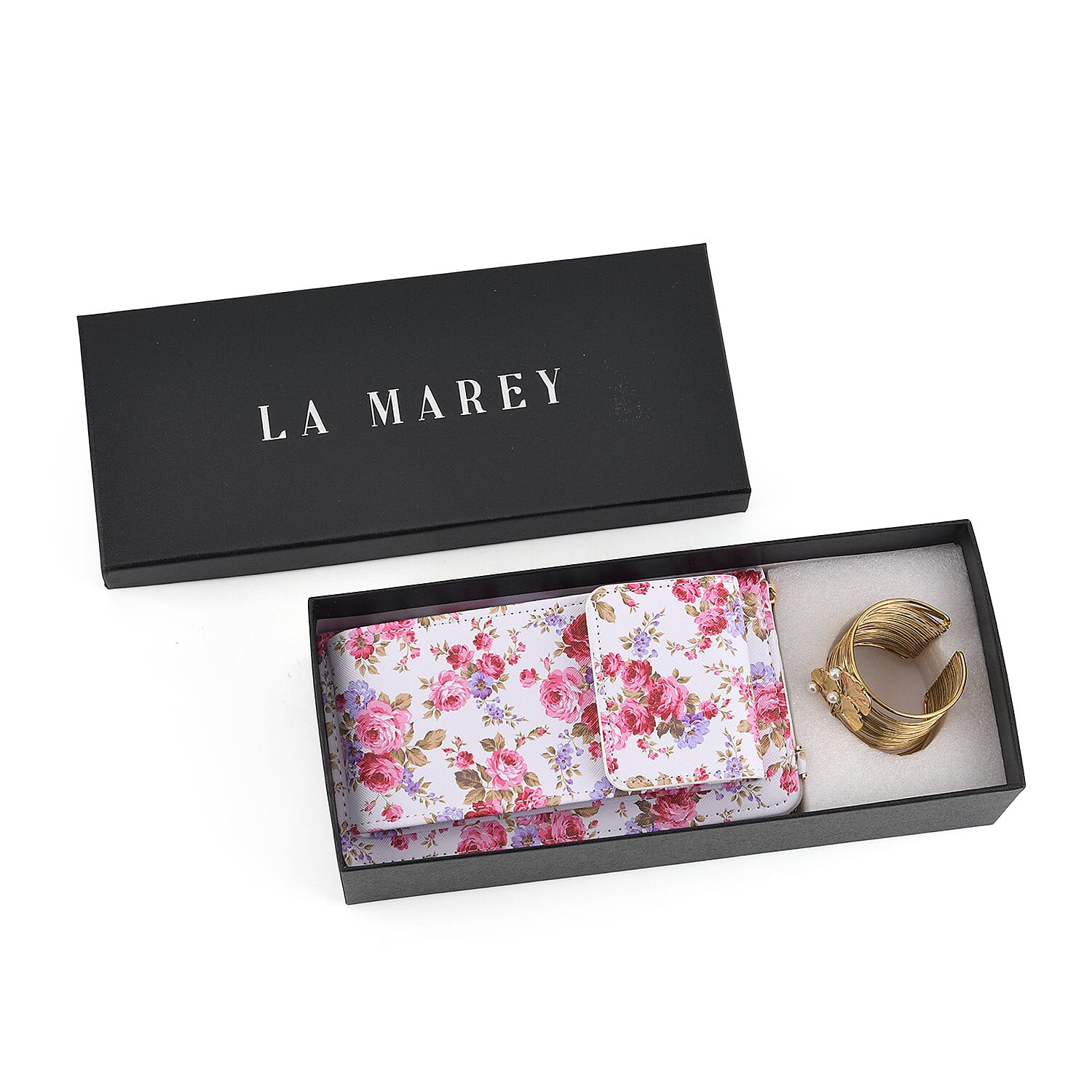 LA MAREY Set of 2- RFID Smartphone Floral Crossbody Bag & Floral Cuff Bracelet Gift Set - Pink