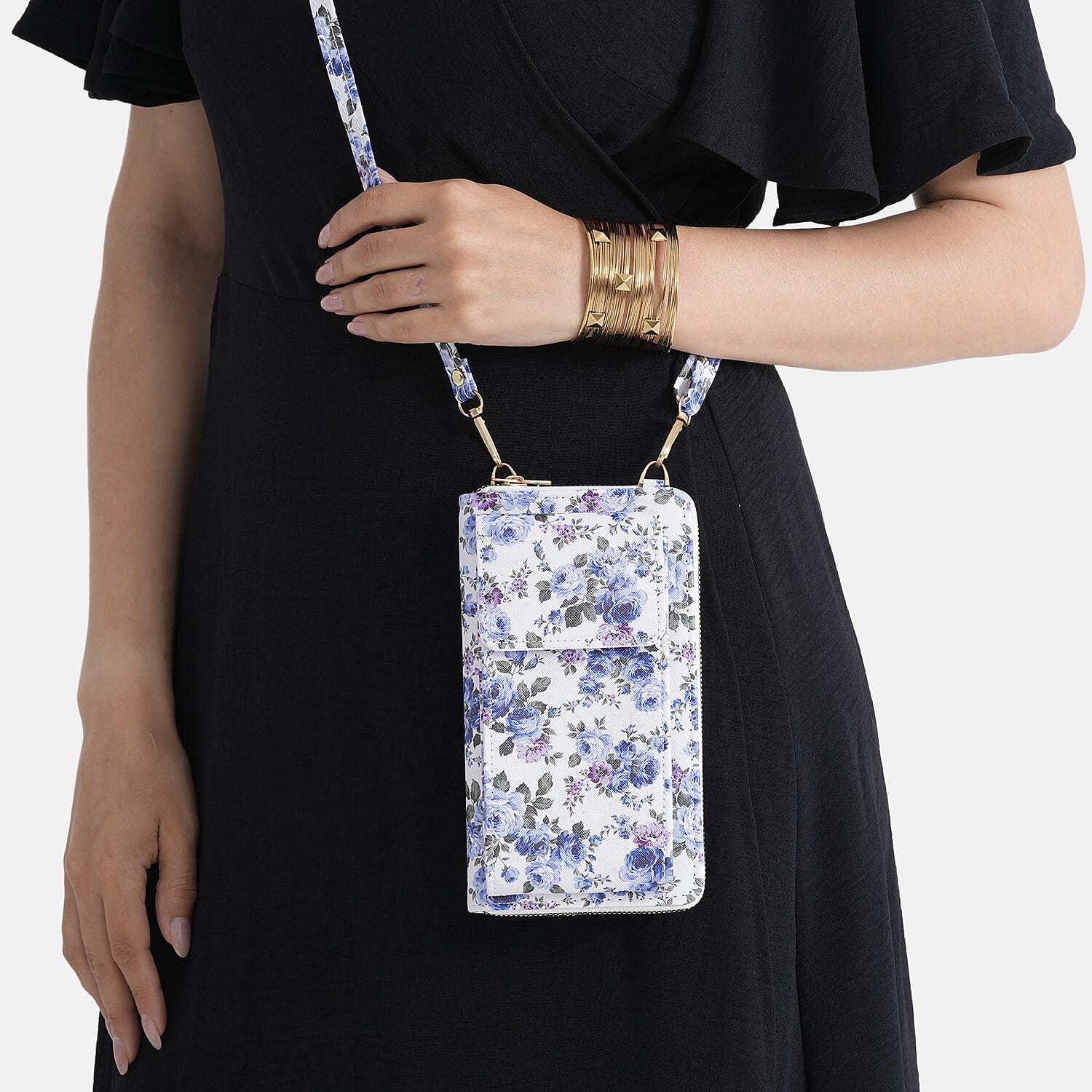LA MAREY Set of 2- RFID Smartphone Floral Crossbody Bag & Cuff Bracelet Gift Set - Blue