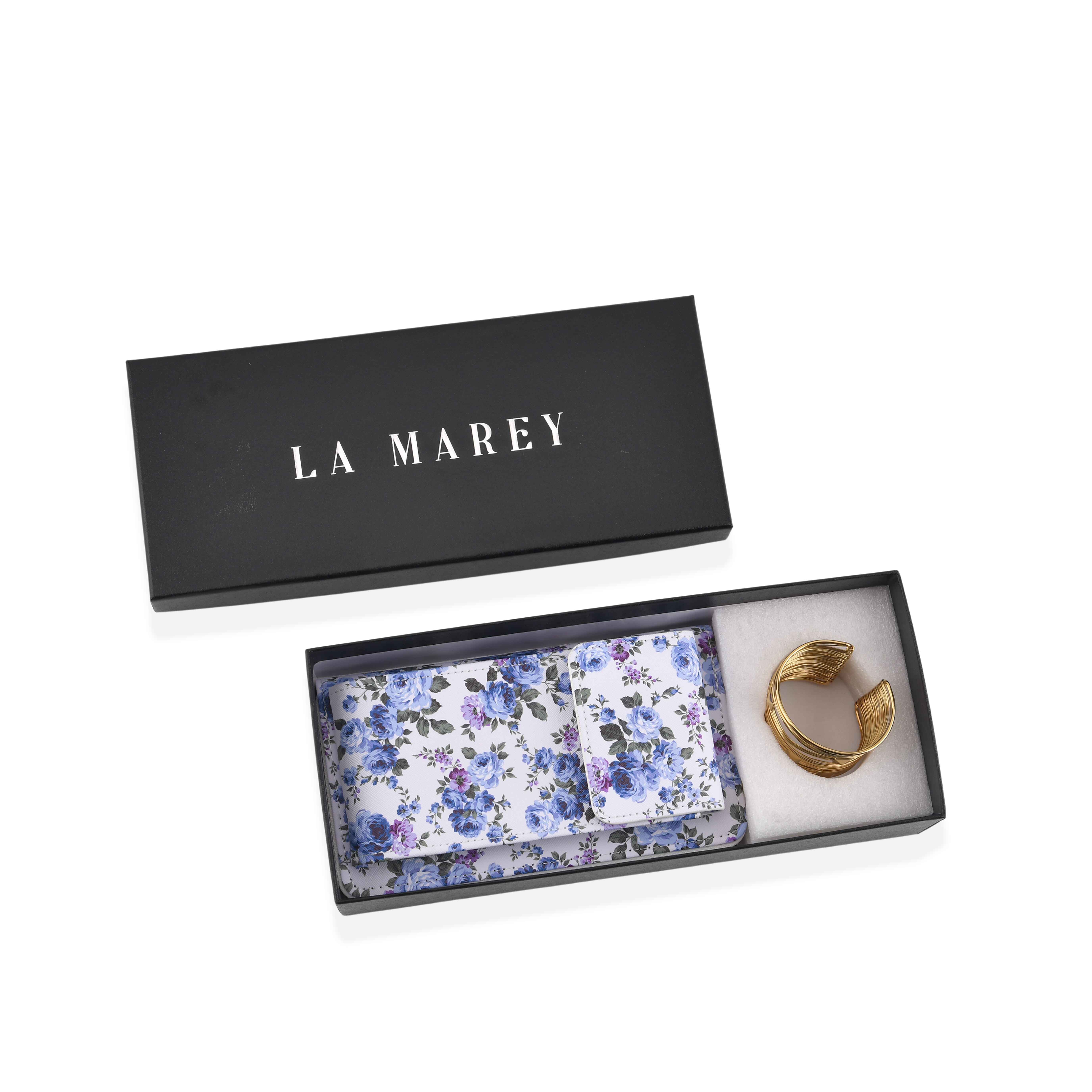LA MAREY Set of 2- RFID Smartphone Floral Crossbody Bag & Cuff Bracelet Gift Set - Blue