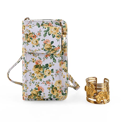 LA MAREY Set of 2- RFID Smartphone Floral Crossbody Bag & Dargonfly Cuff Bracelet Gift Set - Yellow