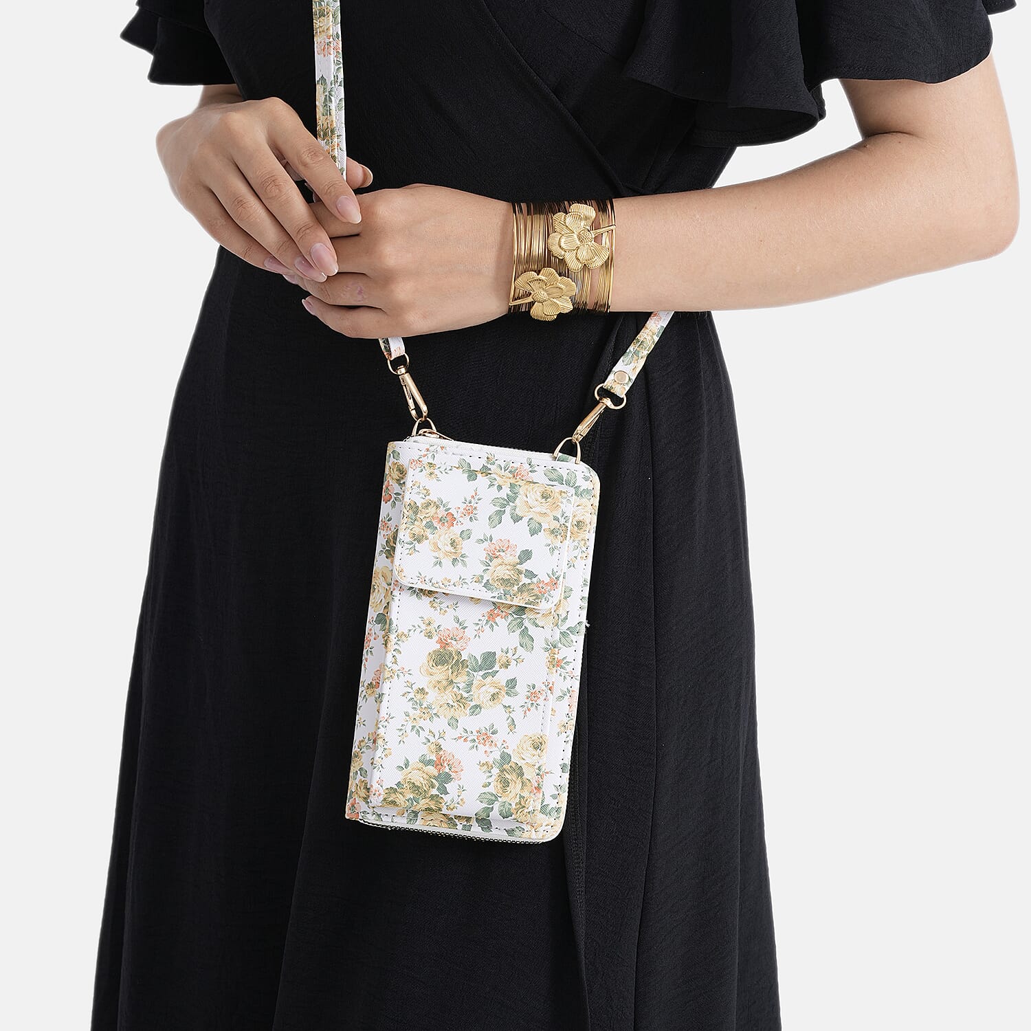 LA MAREY Set of 2- RFID Smartphone Floral Crossbody Bag & Dargonfly Cuff Bracelet Gift Set - Yellow