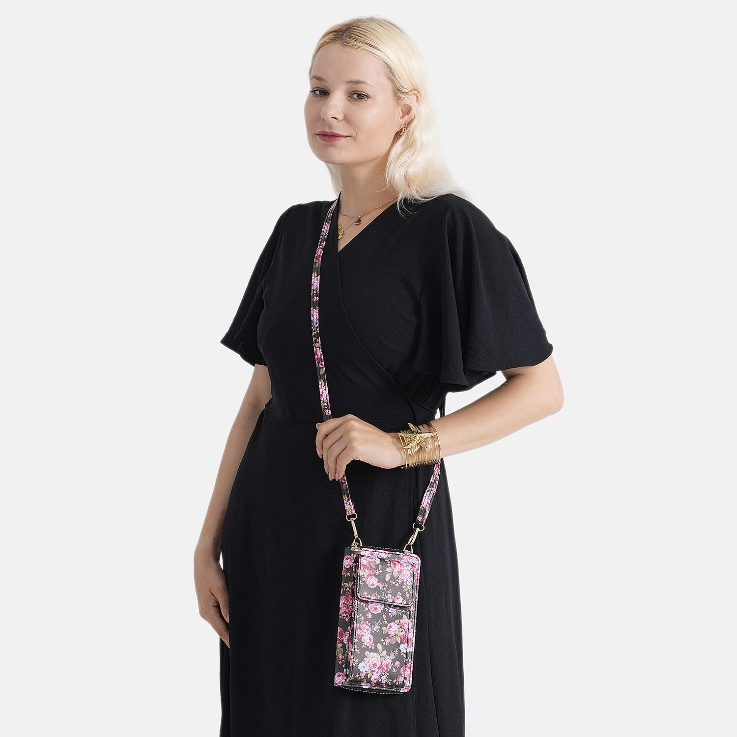 LA MAREY Set of 2- RFID Smartphone Floral Crossbody Bag & Starfish Cuff Bracelet Gift Set - Black