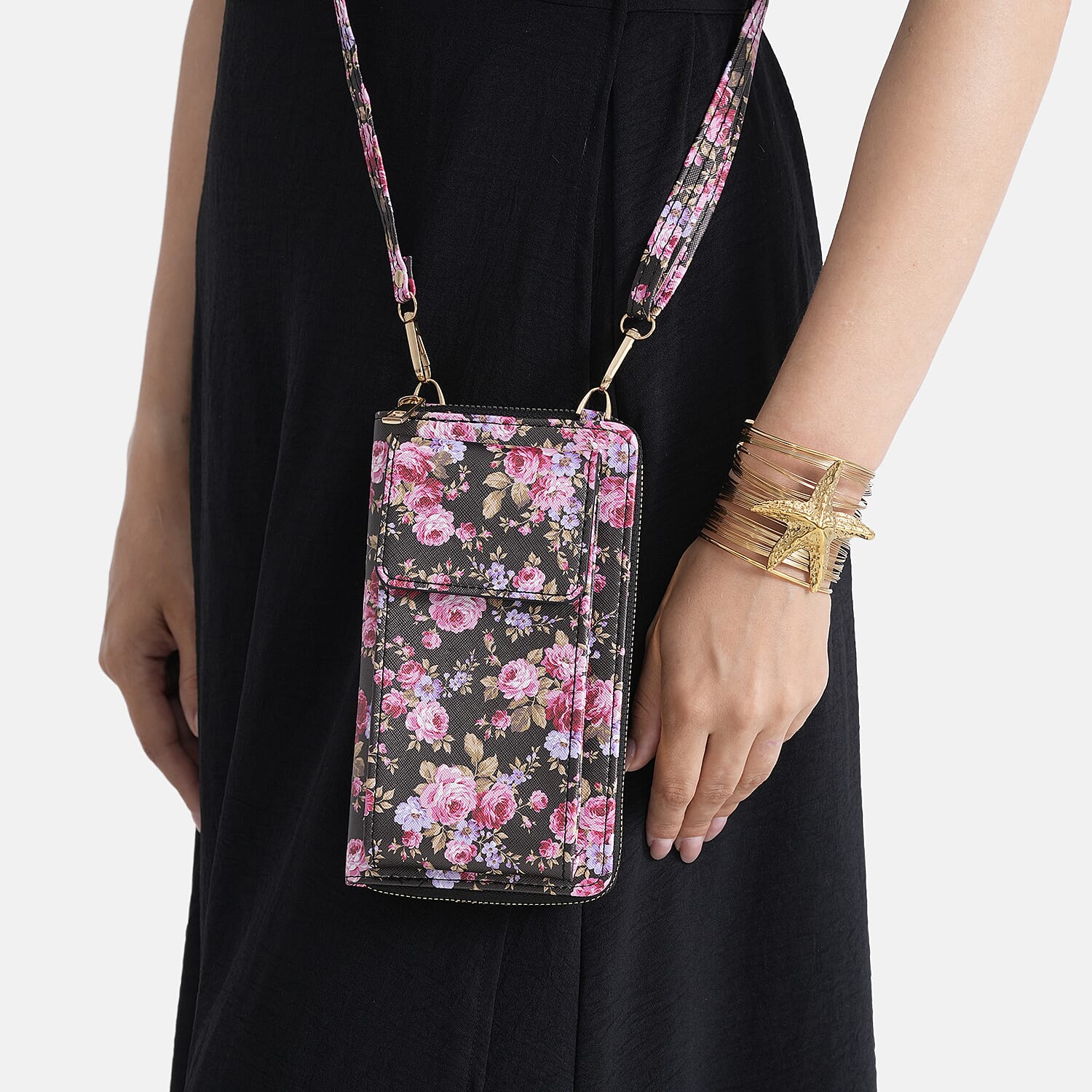 LA MAREY Set of 2- RFID Smartphone Floral Crossbody Bag & Starfish Cuff Bracelet Gift Set - Black