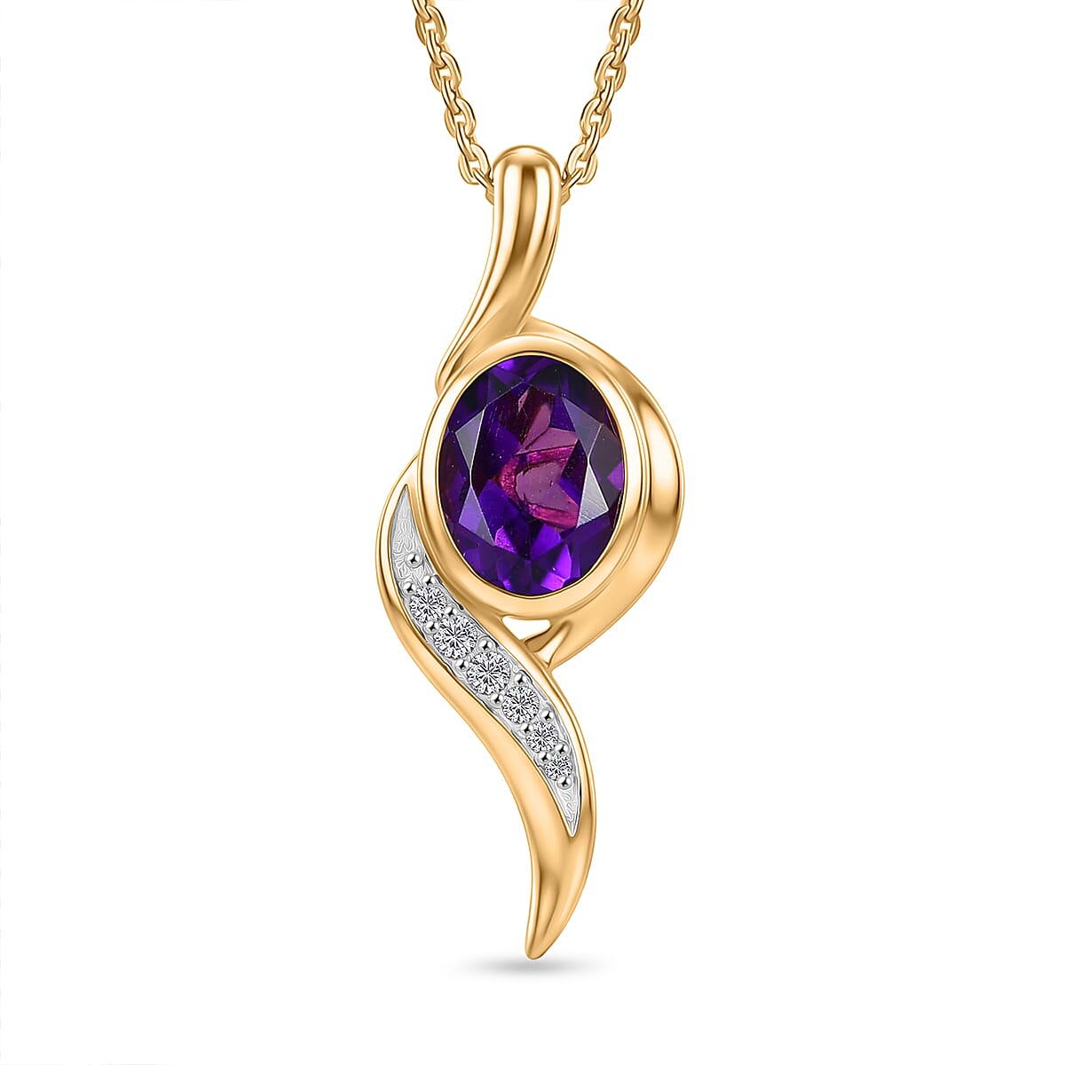 D'Joy AAA African Amethyst & White Zircon Pendant with Chain (Size 20) in Yellow Gold Plated Sterling Silver 1.22 Ct.