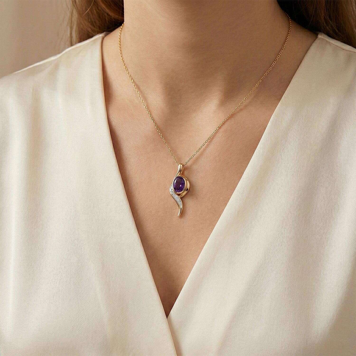 D'Joy AAA African Amethyst & White Zircon Pendant with Chain (Size 20) in Yellow Gold Plated Sterling Silver 1.22 Ct.
