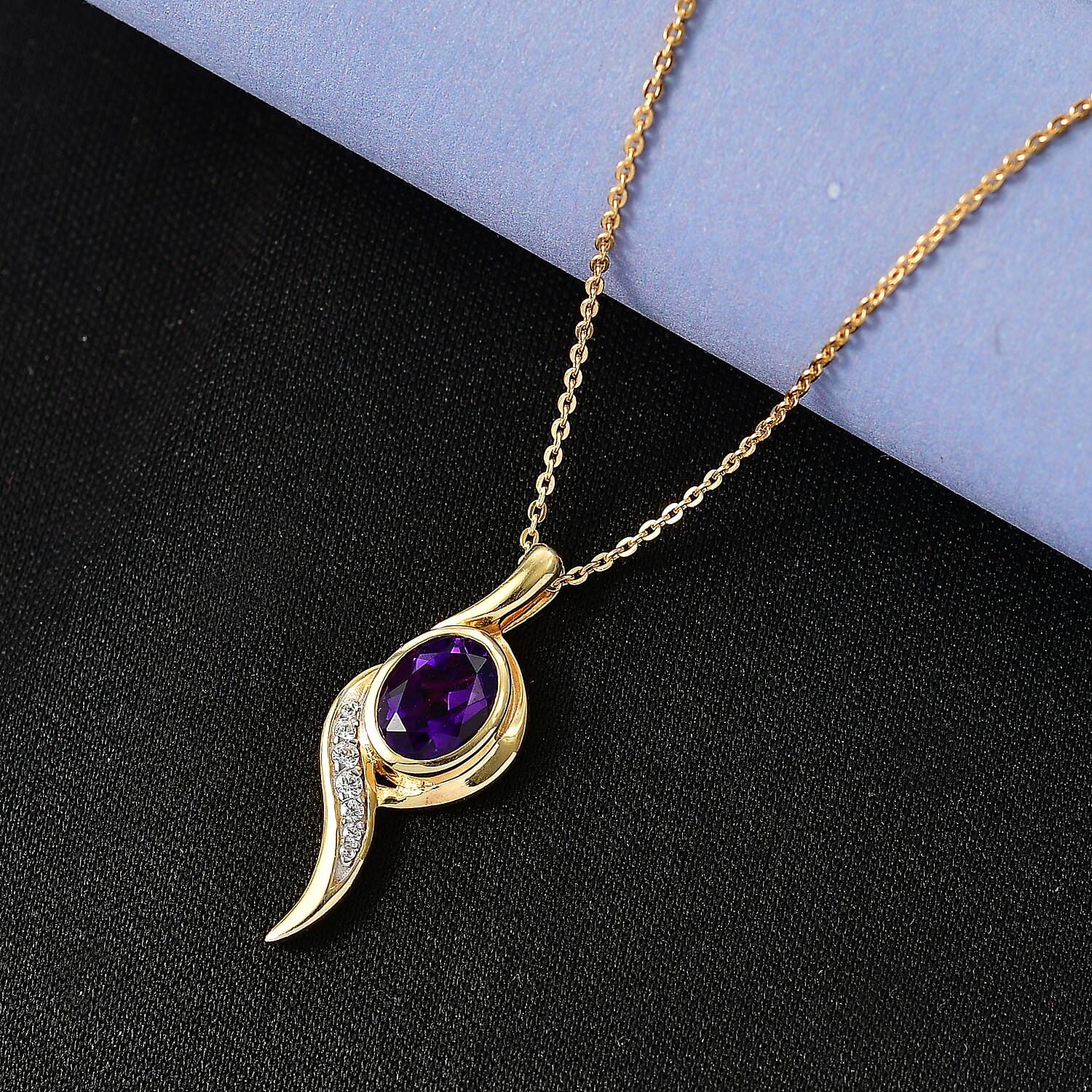 D'Joy AAA African Amethyst & White Zircon Pendant with Chain (Size 20) in Yellow Gold Plated Sterling Silver 1.22 Ct.
