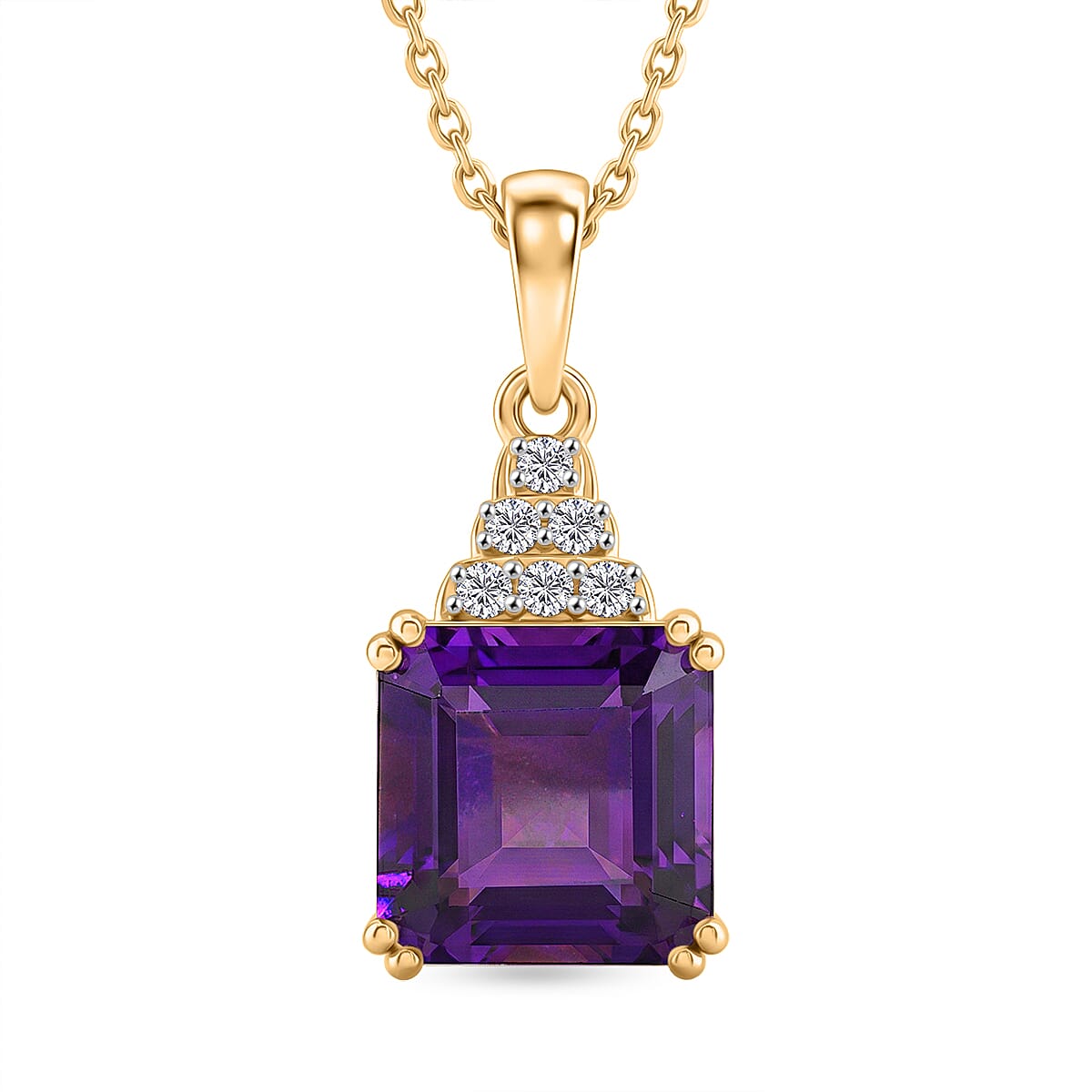 D'Joy - African Amethyst & White Zircon Solitaire Pendant with Chain (Size 20) in Yellow Gold Plated Sterling Silver 3.36 Ct.