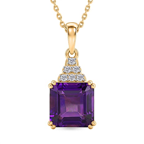 D'Joy - African Amethyst & White Zircon Solitaire Pendant with Chain (Size 20) in Yellow Gold Plated Sterling Silver 3.36 Ct.
