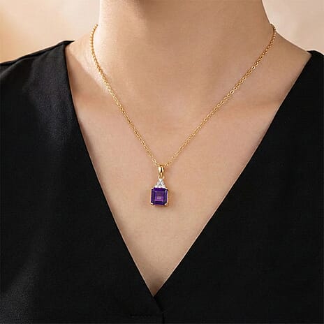 D'Joy - African Amethyst & White Zircon Solitaire Pendant with Chain (Size 20) in Yellow Gold Plated Sterling Silver 3.36 Ct.