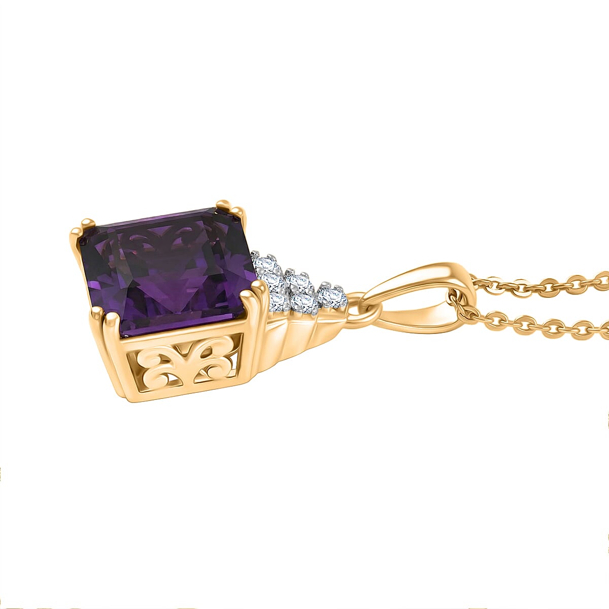 D'Joy - African Amethyst & White Zircon Solitaire Pendant with Chain (Size 20) in Yellow Gold Plated Sterling Silver 3.36 Ct.