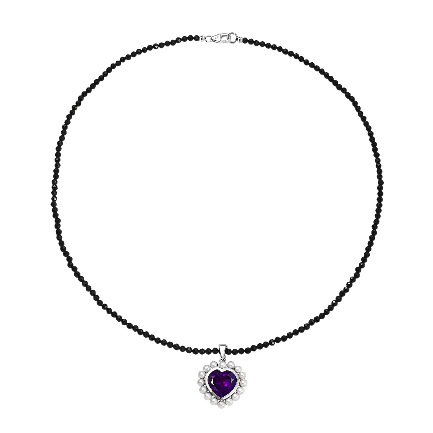 D'Joy - African Amethyst, Black Spinel & Fresh Water Pearl Heart Pendant with Beads Chain (Size 20) in Rhodium Overlay Sterling Silver 52.50 Ct.