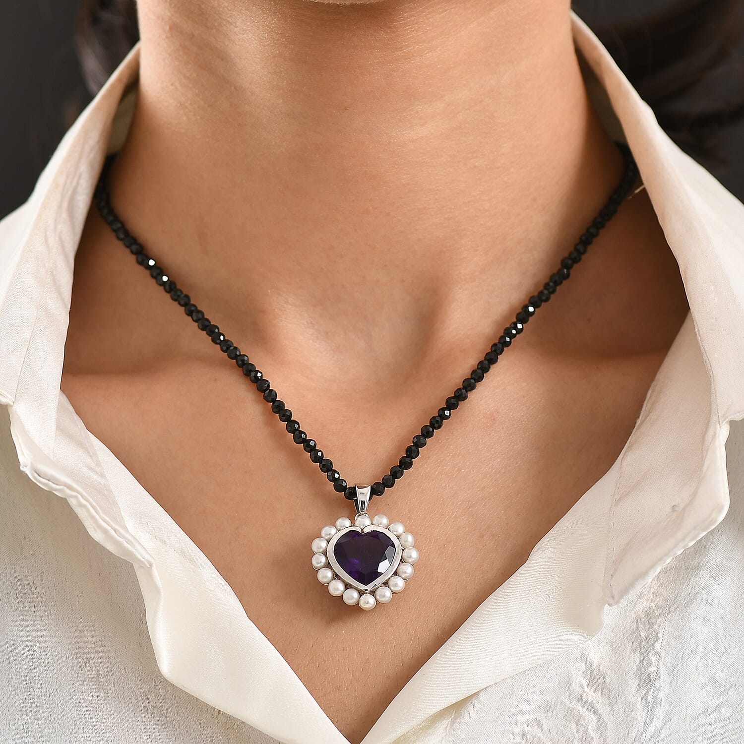 D'Joy - AAA African Amethyst, Black Spinel & Fresh Water Pearl Heart Pendant with Beads Chain (Size 20) in Rhodium Overlay Sterling Silver 52.50 Ct.