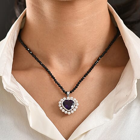 D'Joy - African Amethyst, Black Spinel & Fresh Water Pearl Heart Pendant with Beads Chain (Size 20) in Rhodium Overlay Sterling Silver 52.50 Ct.