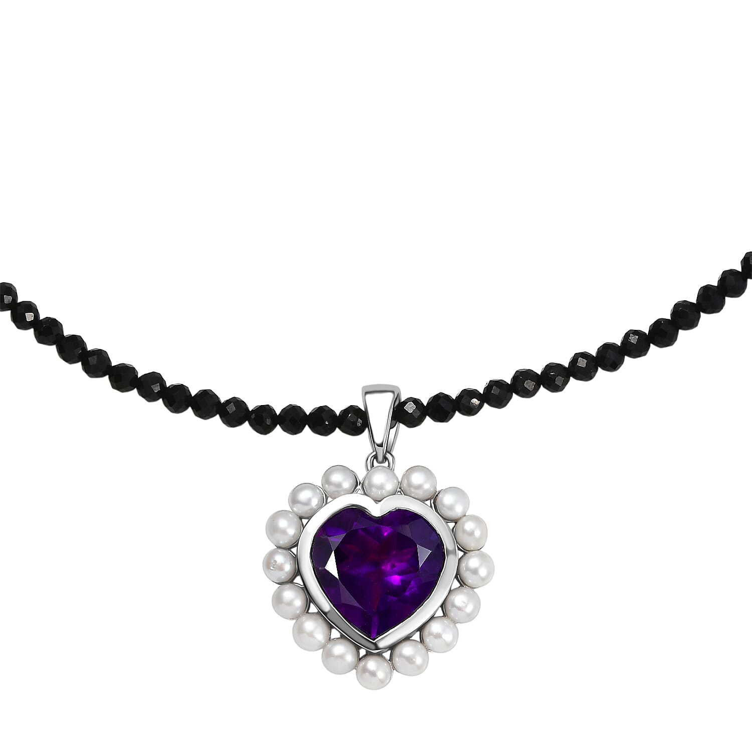 D'Joy - African Amethyst, Black Spinel & Fresh Water Pearl Heart Pendant with Beads Chain (Size 20) in Rhodium Overlay Sterling Silver 52.50 Ct.