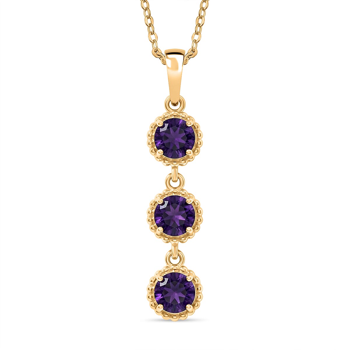 D'Joy AAA African Amethyst Trilogy Pendant with Chain (Size 20) in Yellow Gold Plated Sterling Silver 1.39 Ct.