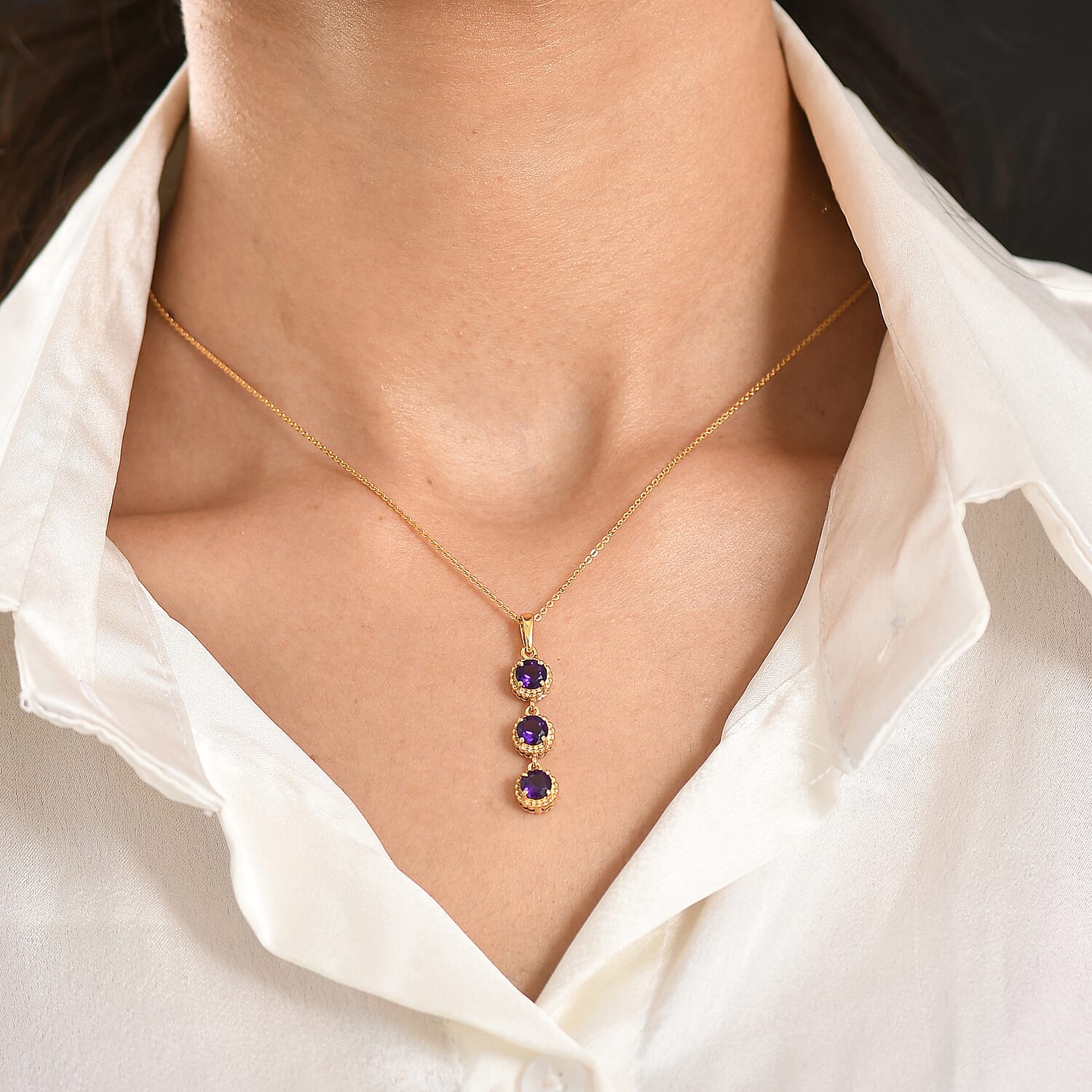 D'Joy AAA African Amethyst Trilogy Pendant with Chain (Size 20) in Yellow Gold Plated Sterling Silver 1.39 Ct.