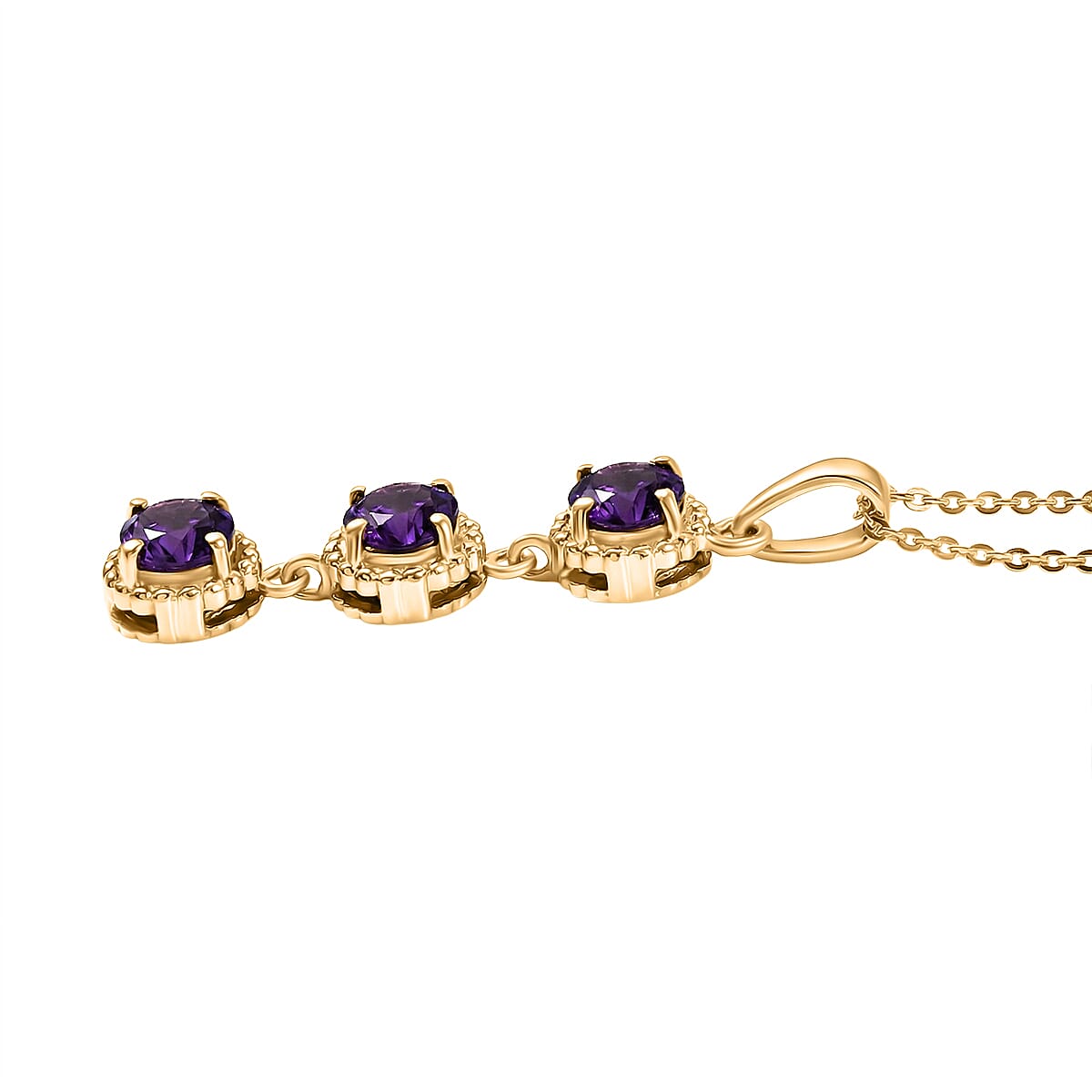 D'Joy AAA African Amethyst Trilogy Pendant with Chain (Size 20) in Yellow Gold Plated Sterling Silver 1.39 Ct.
