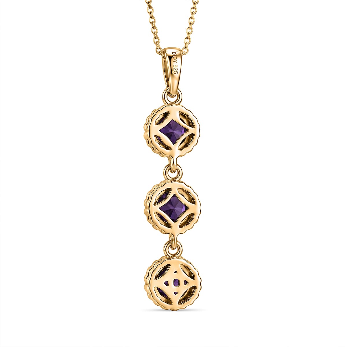 D'Joy AAA African Amethyst Trilogy Pendant with Chain (Size 20) in Yellow Gold Plated Sterling Silver 1.39 Ct.
