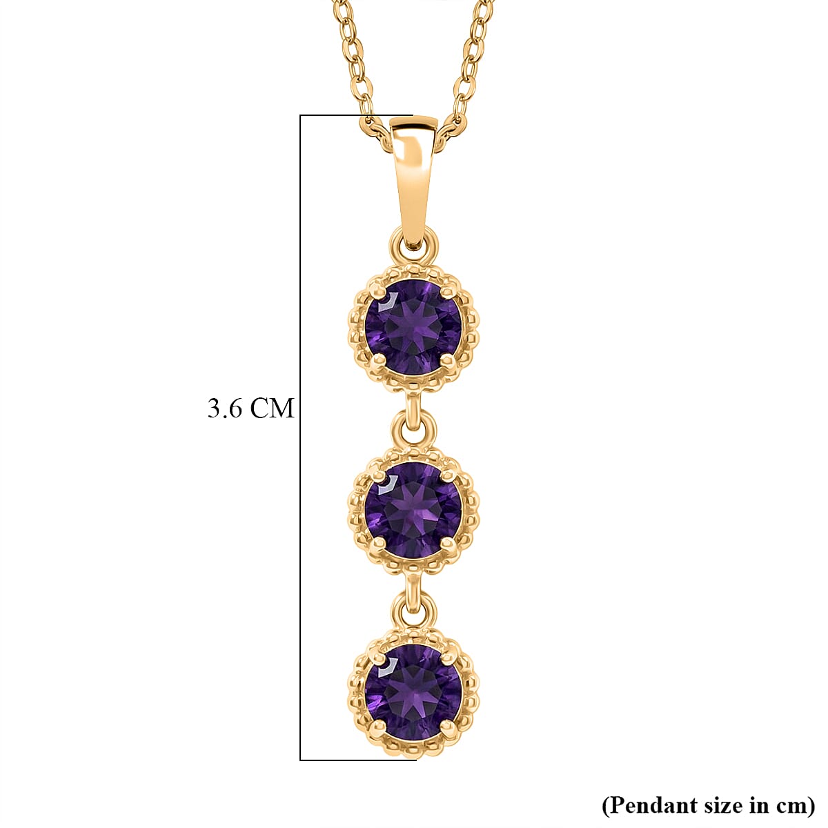 D'Joy AAA African Amethyst Trilogy Pendant with Chain (Size 20) in Yellow Gold Plated Sterling Silver 1.39 Ct.