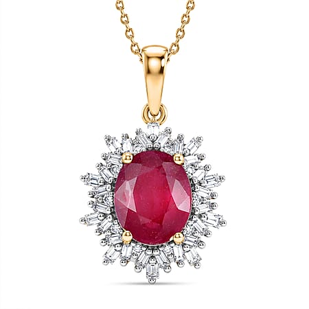 LUXURIANT African Ruby, Lab Grown Diamond Sunburst Pendant with Chain (Size 20) in 18K Vermeil Yellow Gold Plated Sterling Silver 4.27 Ct. (SI/G-H)