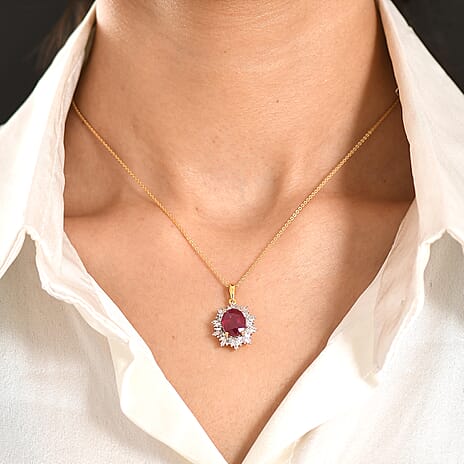 Luxuriant - African Ruby (3.84ct) & SI-GH Lab Grown Diamond (0.43ct) Halo Pendant with Chain (Size 20) in 18K Vermeil Yellow Gold Plated Sterling Silver 4.27 Ct.