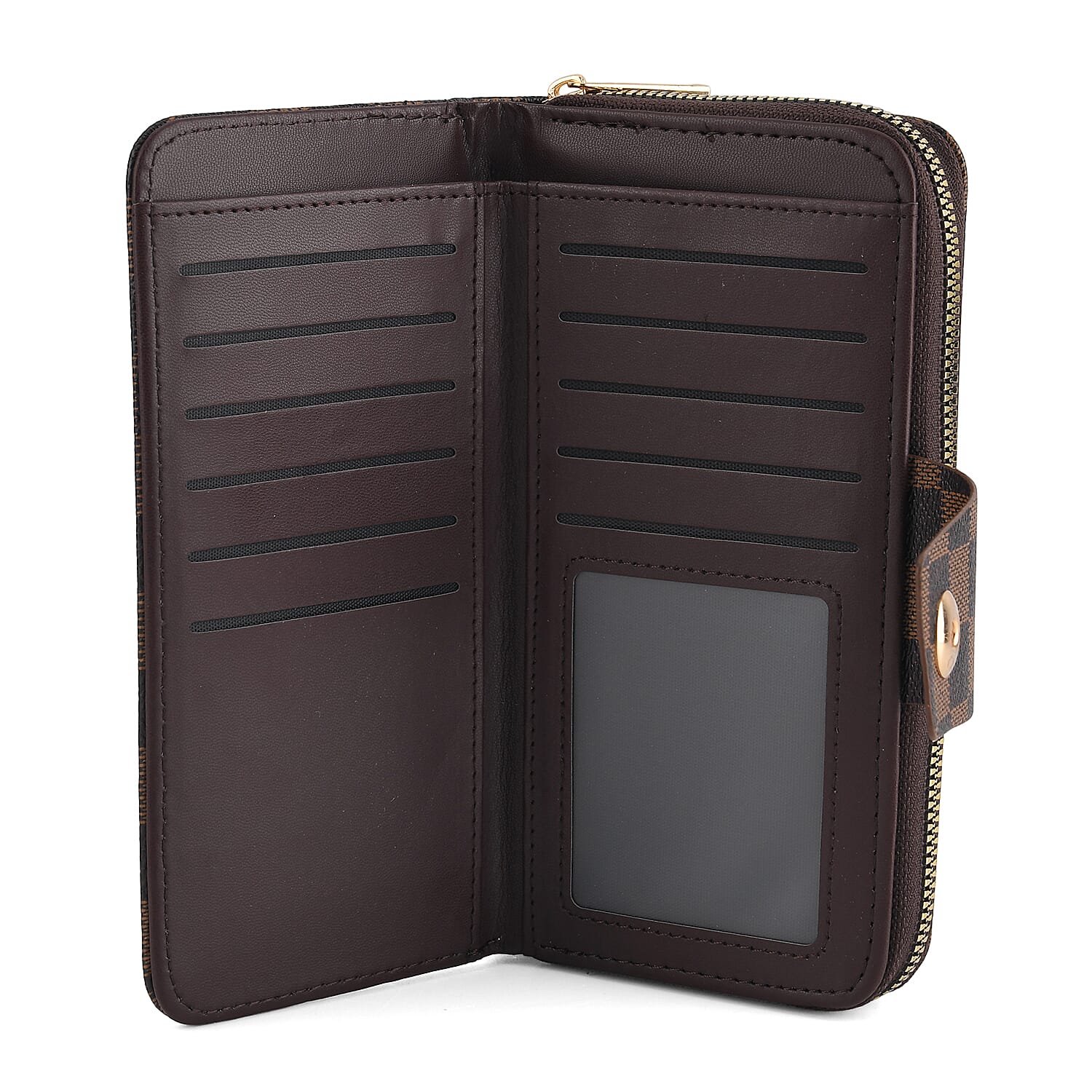 Set of 2 RFID Blocking Checkered Wallet and Compact Square Mirror - Brown