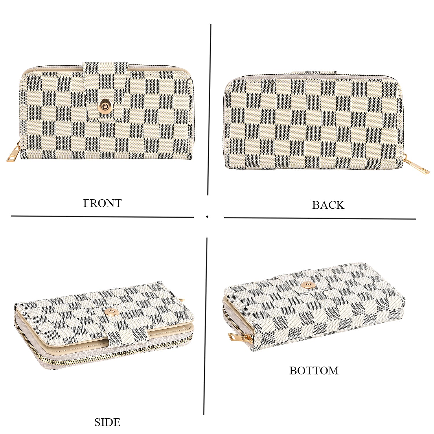Set of 2 RFID Blocking Checkered Wallet and Compact Square Mirror - Beige