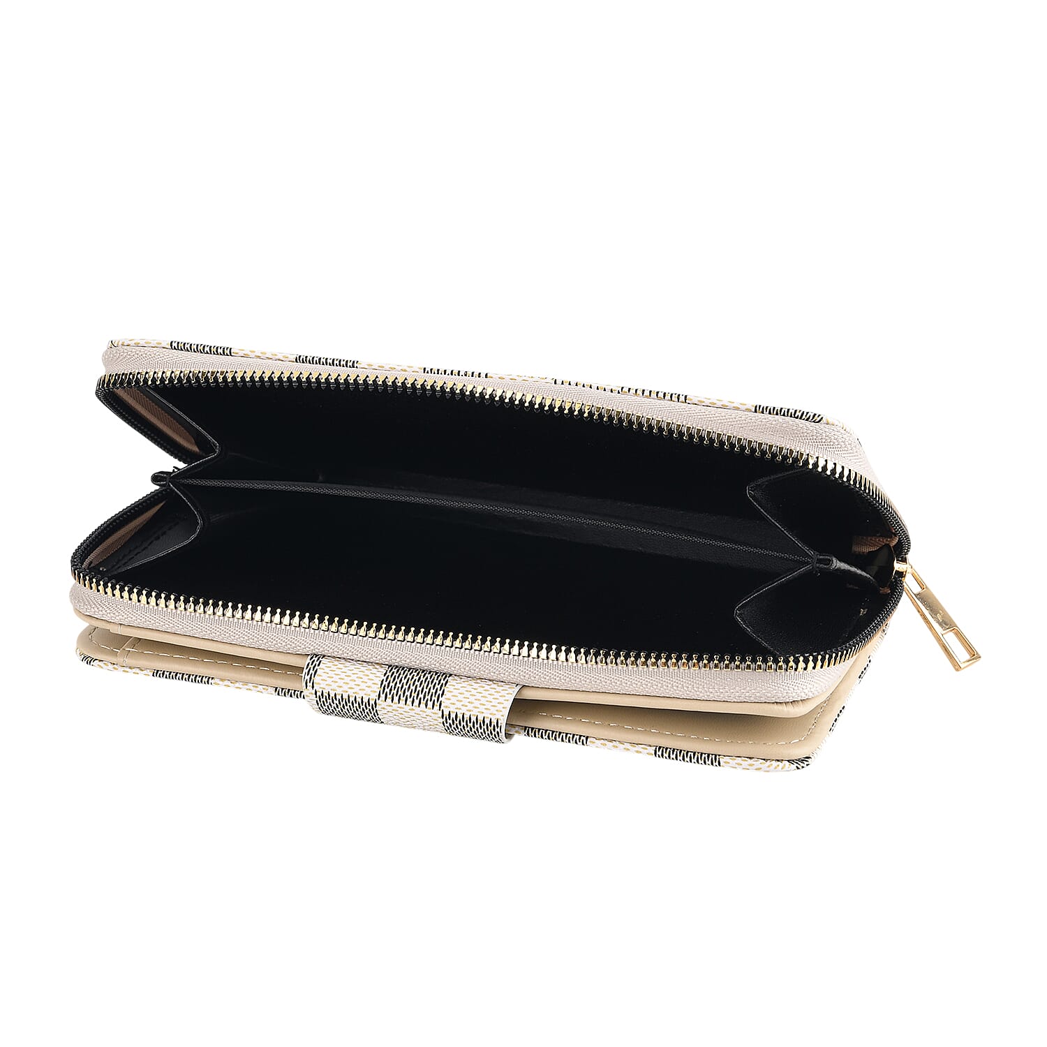 Set of 2 RFID Blocking Checkered Wallet and Compact Square Mirror - Beige
